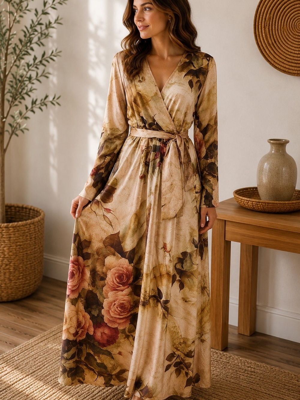 Boutique NIB Floral Wrap Maxi Dress in Beige and Rose Sz L